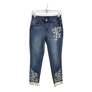 Earl Jeans Women's Size 4 Skinny Ankle Crop Jeans Embroidered Fringe Floral